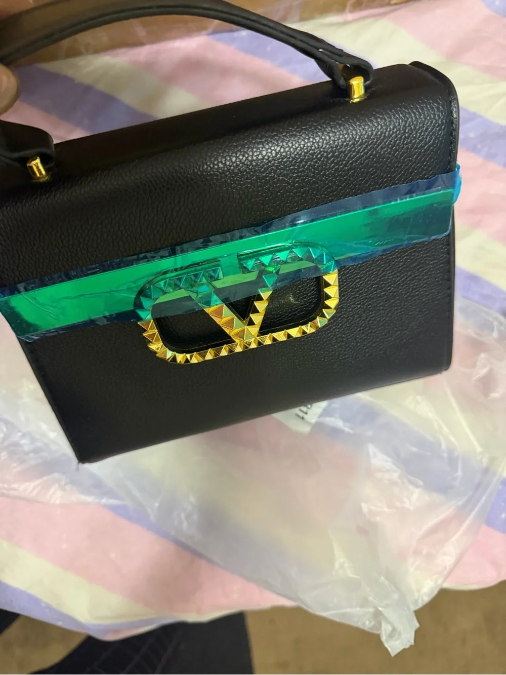 Valentino Garavani Black Leather Top-Handle Satchel with Gold V Stud Logo